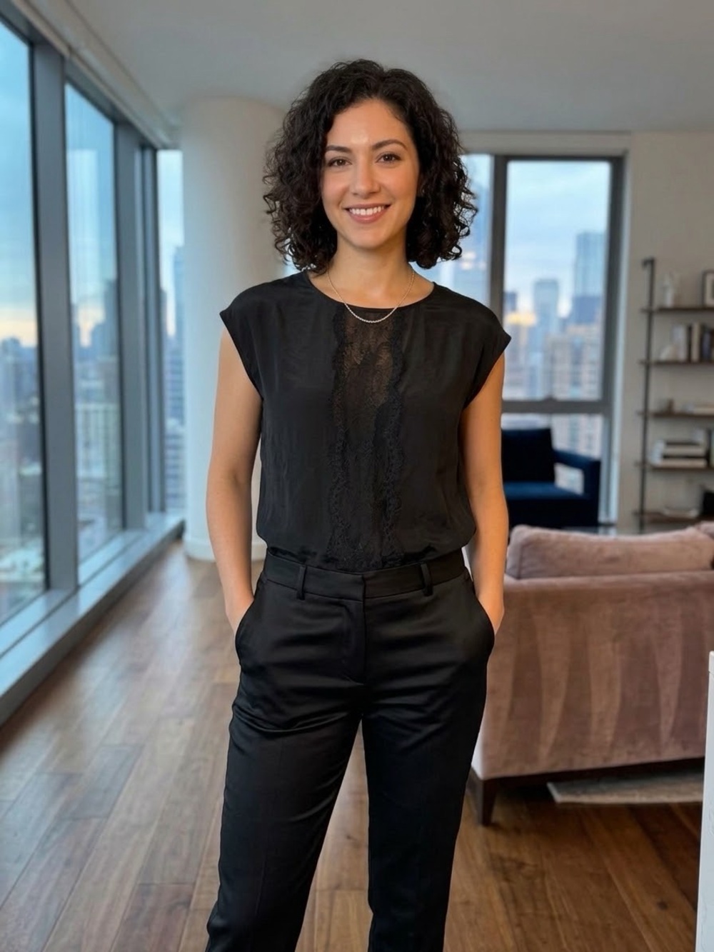 Second Female Black Silk Top with Lace Trim — 100% Silk